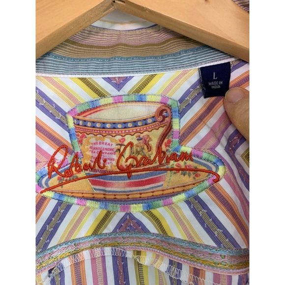 Robert Graham Large Cotton Stripe Embroider Pastel Shirt EUC 6339 Classic Fit - Picture 12 of 16